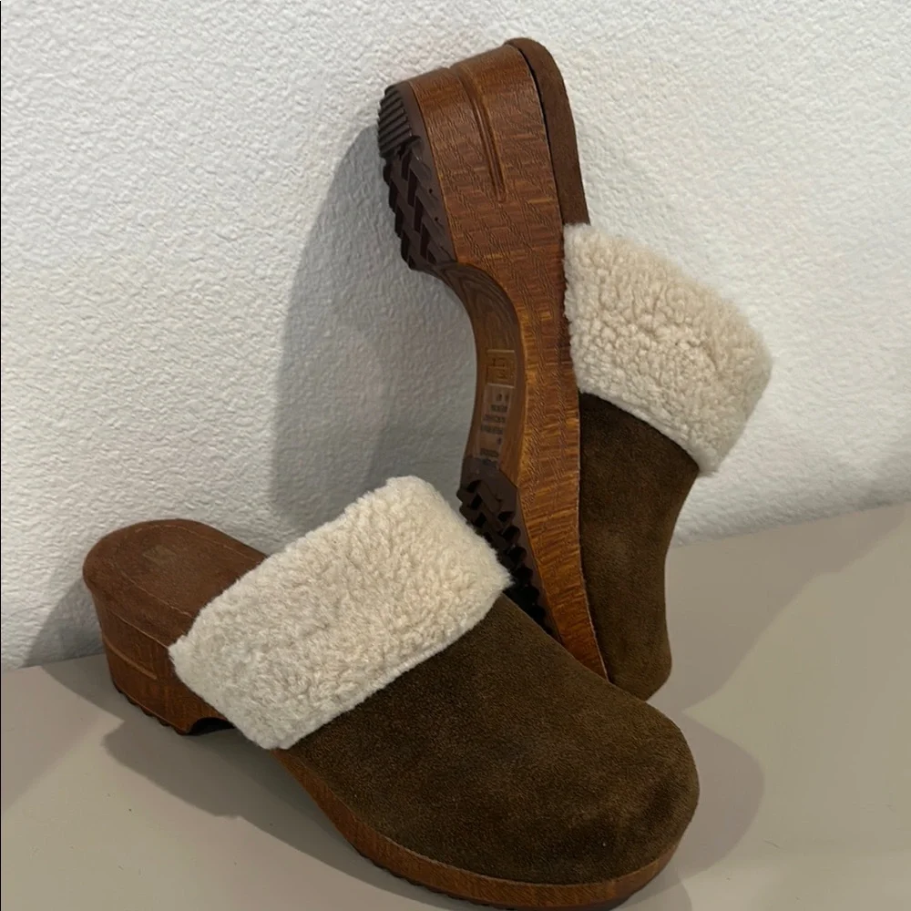 White Mountain Brown Suede Mules with Cream Shearling - Picture 2 of 12